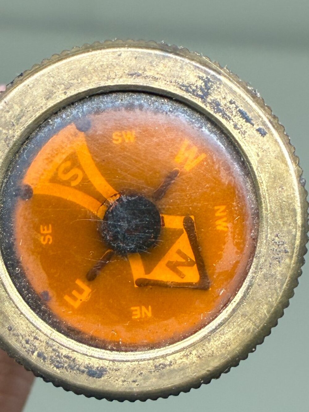 Vintage Brass Lapel Pin On Compass Orange Dial Fluid Filled Hunting Japan